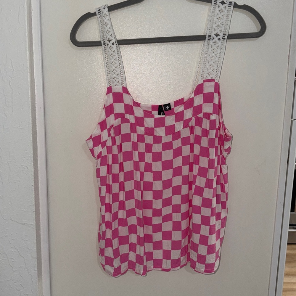 Kensie Pink & White Checkered Lace-Trim Pajama Top | L